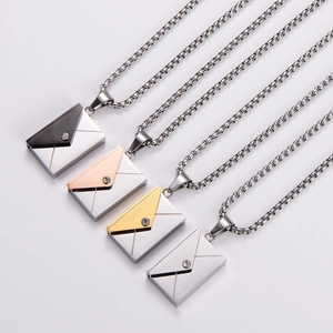 Envelope pendant necklace set in black, gold, silver, and rose gold stainless steel