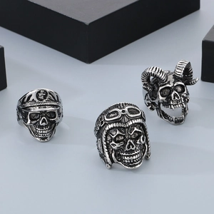 Vintage punk skull rings with pilot and devil horn designs in antique stainless steel finish