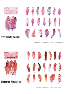 Macro view of PET feather stickers in pink, purple, and orange tones for scrapbooking