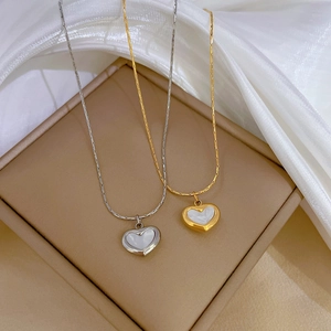 Minimalist titanium steel heart necklaces in gold and silver with white mother of pearl