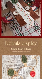 Detail of Christmas white lace table runner with embroidered bells and leaf patterns