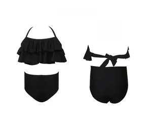 Front and back view of girls' black high-elastic bikini with ruffled halter top
