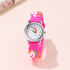 Montre licorne rose pour enfants avec bracelet 3D en silicone et boîtier argenté