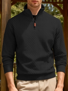 Detail of men's black knit pullover with textured diamond pattern and quarter zipper collar
