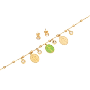 Golden Virgin Mary bracelet and stud earring set with green charms and sparkling crystals