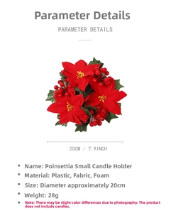Detailed close-up of 20cm Christmas candle ring with red poinsettia and green leaves