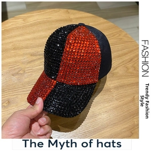 Macro detail of high-quality handmade baseball cap with orange and black crystal checkerboard