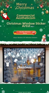 Detailed view of white snowflake and Santa Claus static window stickers for Christmas decor