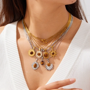 Collier Double Couche Acier Inoxydable 304 Pierre Oeil De Tigre Vintage Géométrique Soleil Fleur Pendentif Chaîne Serpent Bijoux Femmes
