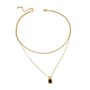 Elegant gold double-layered stainless steel necklace with a black rectangular pendant