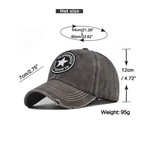 Detailed size chart for washed cotton baseball cap with star embroidery and distressed brim