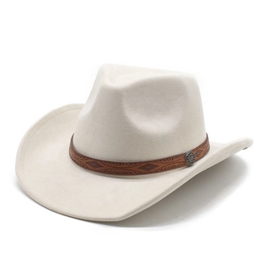 Chapeau de cowboy en daim crème avec ruban en cuir embossé et boucle en métal rétro