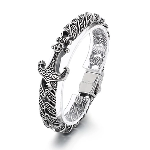 Punk vintage silver stainless steel anchor cross bracelet with embossed Cuban links