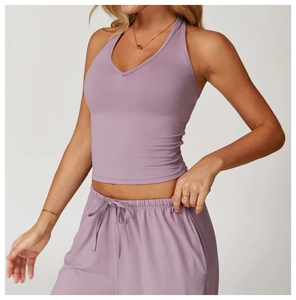 Detailed V-neck racerback sports top and drawstring pants in a soft lilac brushed fabric