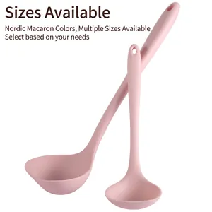 Food-grade silicone soup spoons in macaron pink with long handles and hanging holes