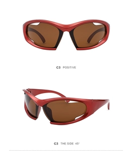 Dual view of metallic red Y2K steampunk sunglasses with dark brown lenses and cut-out frame
