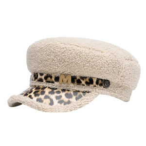 Beige faux fur flat top army cap with leopard print visor and gold M letter hardware