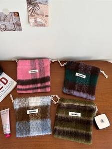 Mini Plush Drawstring Pouch Woolen Plaid Storage Bag Portable Small Makeup Lipstick Organizer Women Soft Stripe