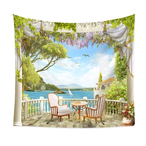 Detailed view of Mediterranean tapestry fabric texture and high-definition printed balcony sea view