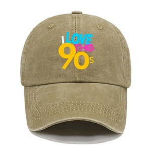 Detail of vintage washed cotton baseball cap with colorful 90s graphic print