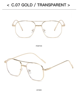 Detail view of gold double-bridge metal frame glasses with transparent lenses