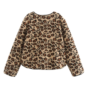 Vintage leopard print fleece jacket for women with drawstring waist in loose fit style