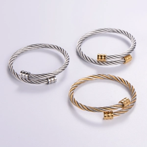 Three minimalist stainless steel cable wire open bracelets in silver and two-tone gold finish