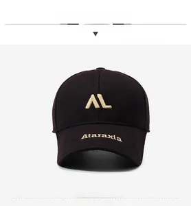 Detailed front view of black baseball cap featuring gold AL and Ataraxia embroidery