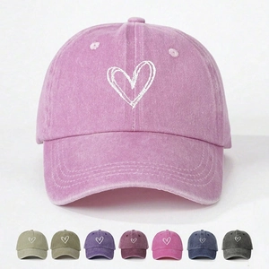 Detail of soft washed cotton baseball cap featuring heart embroidery and multi-color options