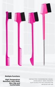 Detail of rose red 4-piece hair styling set featuring edge brush and tail combs
