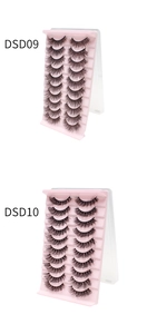 Macro detail of DSD09 and DSD10 false eyelash sets with 10 pairs of dense curled lashes