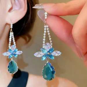 Floral zircon long drop earrings with blue waterdrop crystal and light luxury design