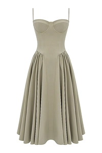 Detail view of khaki French retro corset dress with pleated hem and spaghetti straps