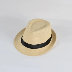 Classic beige straw Panama fedora hat with black ribbon band for summer sun protection