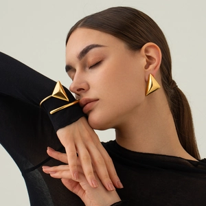 18k gold-plated stainless steel triangle bangle and earrings set on model