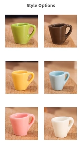Miniature dollhouse mugs in six assorted colors on a textured wooden background