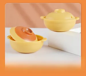 Miniature yellow dollhouse soup pot model with lid and handles for DIY kitchen decor