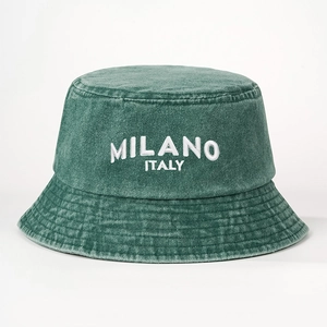 Vintage dark green washed denim bucket hat with white MILANO ITALY 3D embroidery