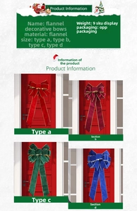 Detail showing red, green, and blue 60cm velvet Christmas bows on a wooden door