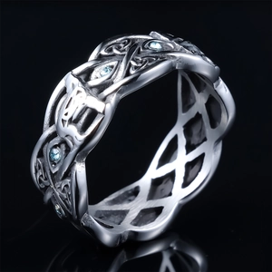Vintage Celtic knot wolf head ring in stainless steel with blue stones on black background