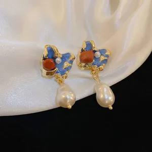 French retro gold-plated earrings with colorful enamel dripping and baroque pearls