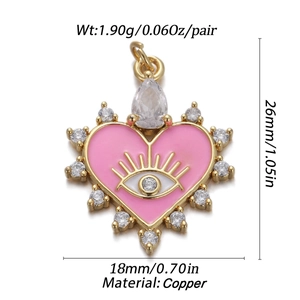 Detail of pink heart evil eye pendant with copper specs and dimensions on white background