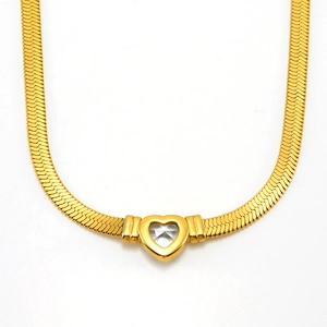 18K gold plated snake chain necklace featuring a zircon heart pendant on white background