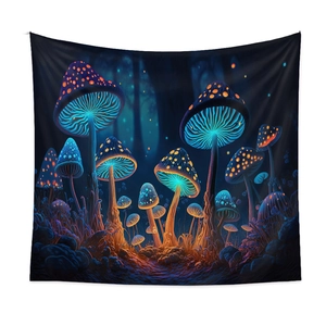 Detailed close-up showing the psychedelic glow-in-the-dark mushroom pattern on the wall tapestry
