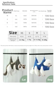 Size chart for cat grooming mesh bag with weight and dimension guide for XS to L sizes