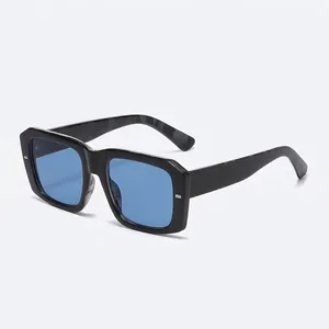 Retro oversized square sunglasses with black frame and light blue lenses in 45-degree view