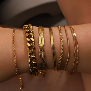 Stainless Steel Bracelet For Women 18K Gold Plated Cuban Link Snake Chain Herringbone Rope Stackable Minimalist Jewelry