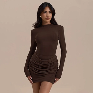 Close-up of ruched detailing on a chocolate brown slim-fit long-sleeve mini dress
