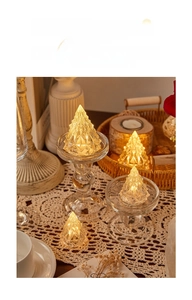 Close-up of crystal Christmas tree LED night light with warm glow on lace tablecloth