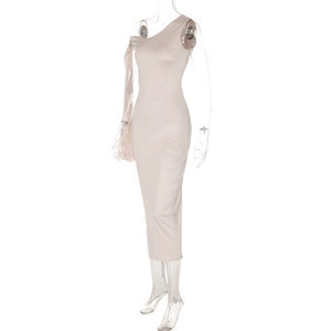 Detail of off-white one-shoulder bodycon dress with elegant shoulder tie and sleek fabric